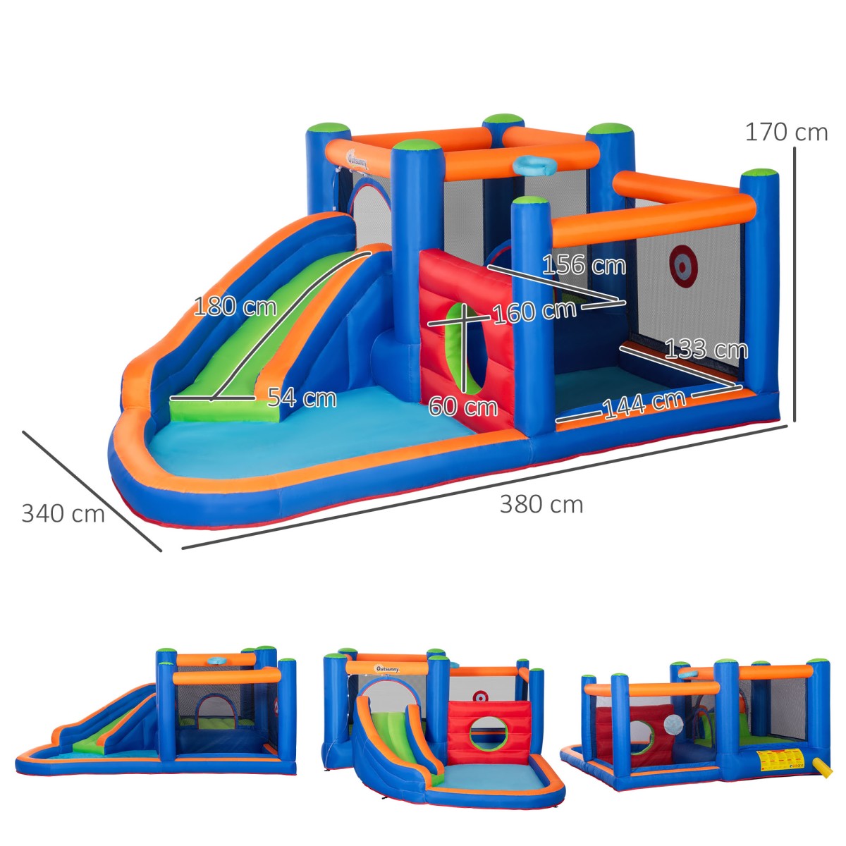 Bouncy κάστρο, με τσουλήθρα, περιοχή αναπήδησης, πισίνα, φουσκωτή, συμπεριλαμβανομένης της ηλεκτρικής αντλίας, για έως 3 παιδιά, 380 x 340 x 170 cm