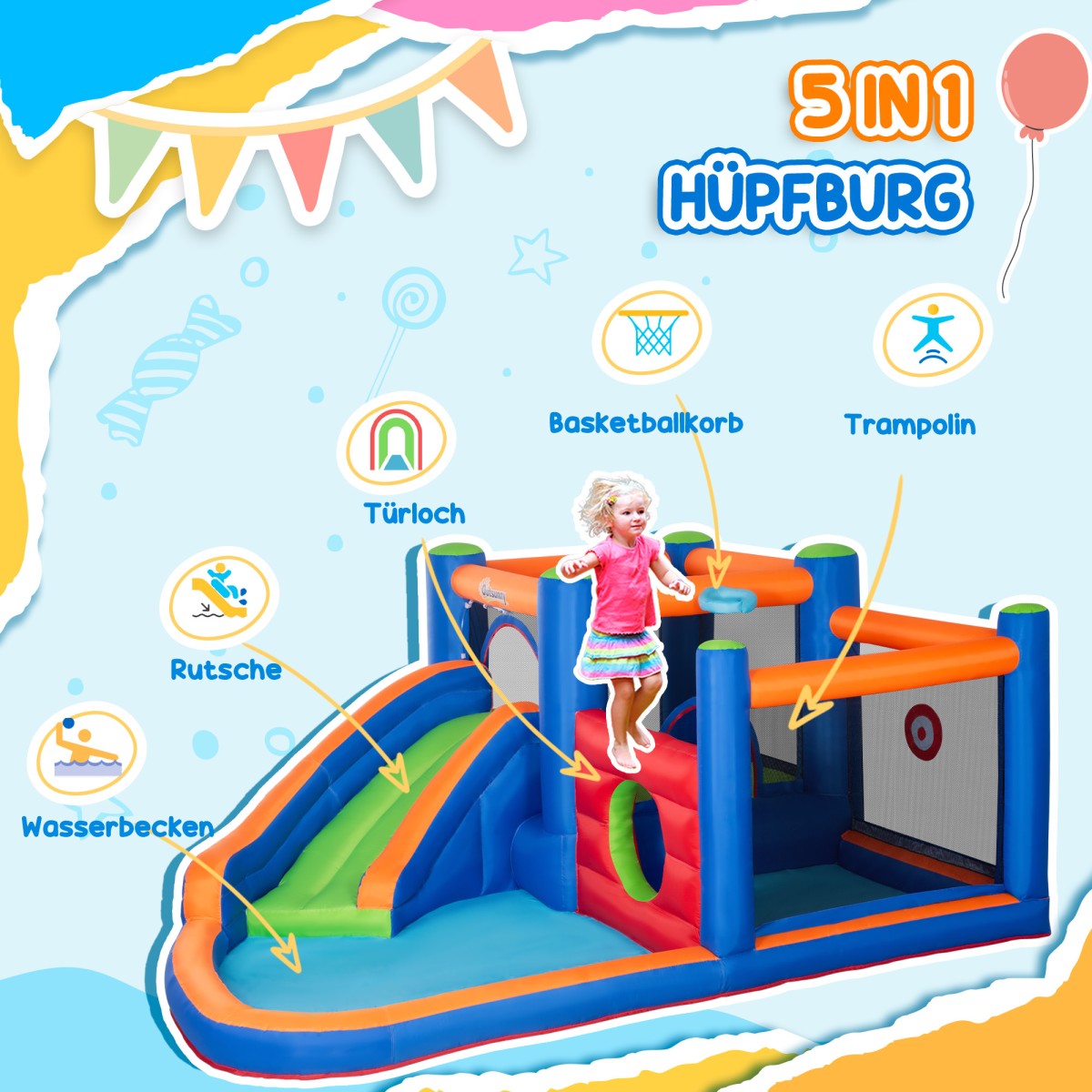 Bouncy κάστρο, με τσουλήθρα, περιοχή αναπήδησης, πισίνα, φουσκωτή, συμπεριλαμβανομένης της ηλεκτρικής αντλίας, για έως 3 παιδιά, 380 x 340 x 170 cm