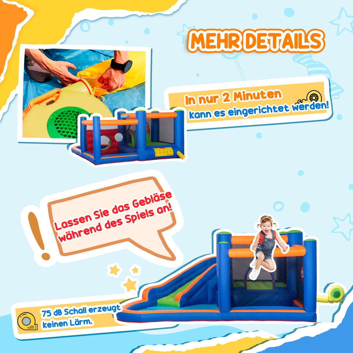 Bouncy κάστρο, με τσουλήθρα, περιοχή αναπήδησης, πισίνα, φουσκωτή, συμπεριλαμβανομένης της ηλεκτρικής αντλίας, για έως 3 παιδιά, 380 x 340 x 170 cm