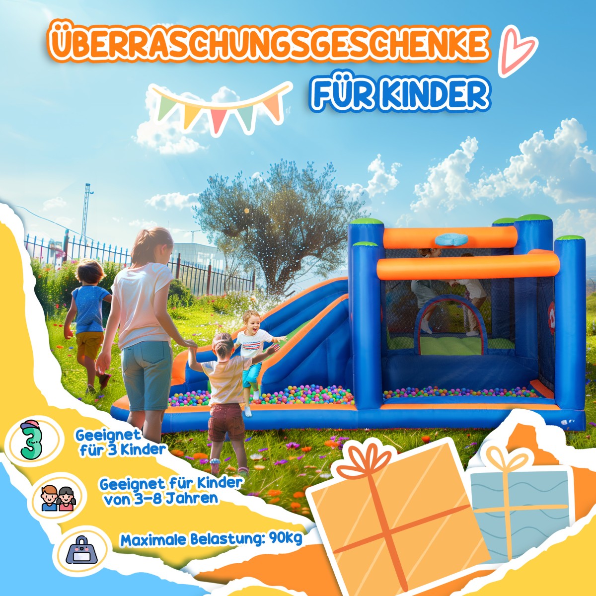 Bouncy κάστρο, με τσουλήθρα, περιοχή αναπήδησης, πισίνα, φουσκωτή, συμπεριλαμβανομένης της ηλεκτρικής αντλίας, για έως 3 παιδιά, 380 x 340 x 170 cm