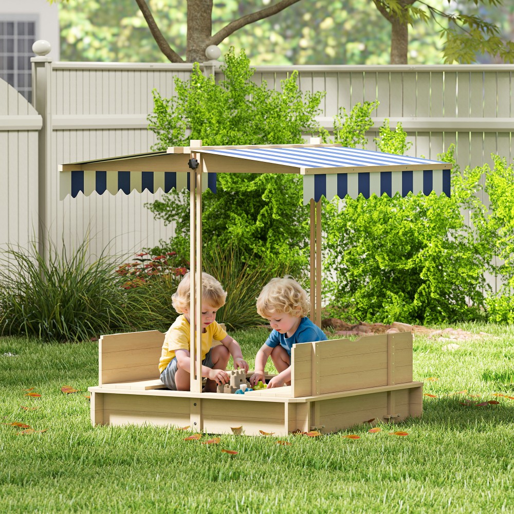 Sandpit 106x106 cm παιδικό sandbox από ξύλο με ρυθμιζόμενο ύψος πάγκους κάλυψης πλάτες μπλε