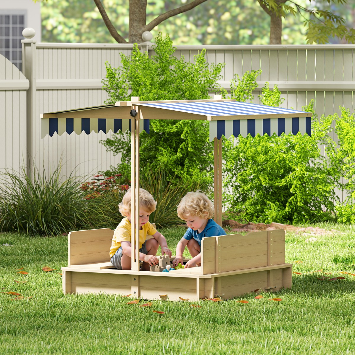 Sandpit 106x106 cm παιδικό sandbox από ξύλο με ρυθμιζόμενο ύψος πάγκους κάλυψης πλάτες μπλε