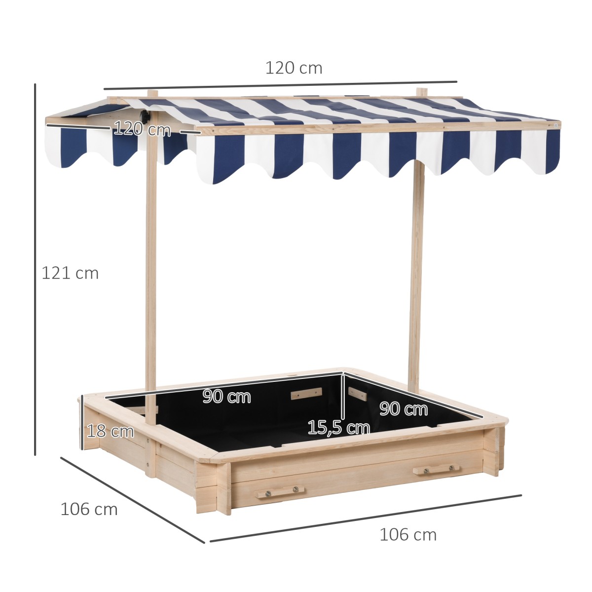 Sandpit 106x106 cm παιδικό sandbox από ξύλο με ρυθμιζόμενο ύψος πάγκους κάλυψης πλάτες μπλε