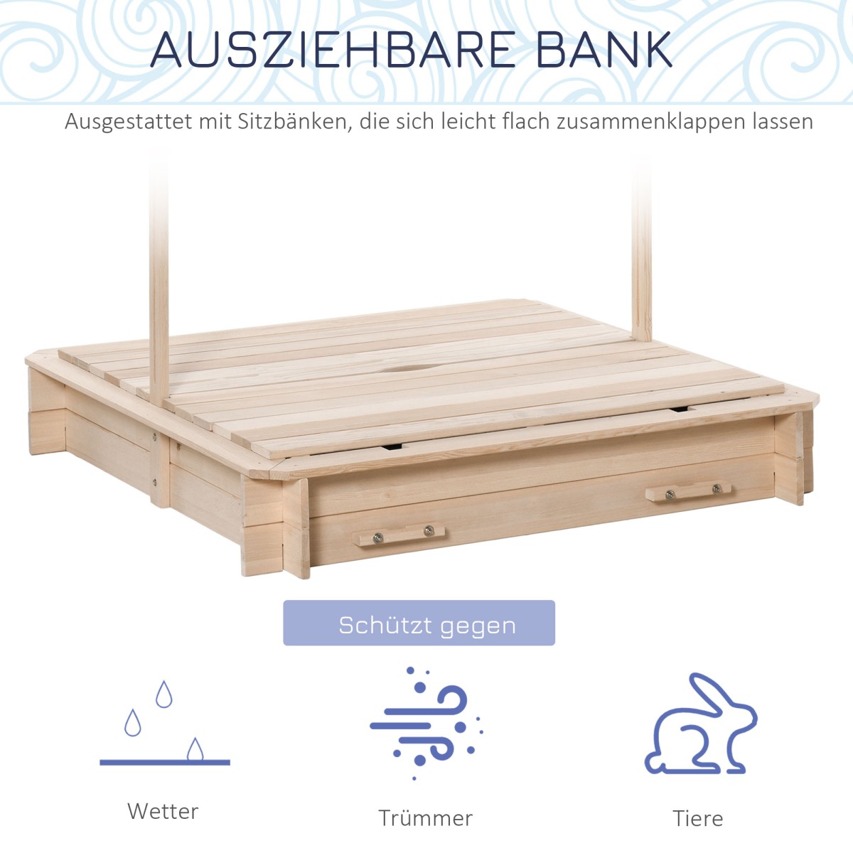 Sandpit 106x106 cm παιδικό sandbox από ξύλο με ρυθμιζόμενο ύψος πάγκους κάλυψης πλάτες μπλε