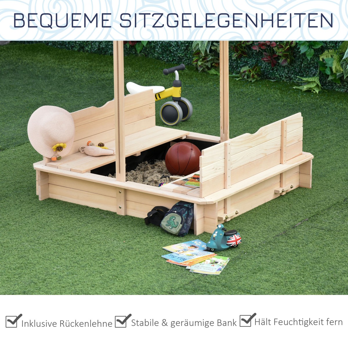 Sandpit 106x106 cm παιδικό sandbox από ξύλο με ρυθμιζόμενο ύψος πάγκους κάλυψης πλάτες μπλε