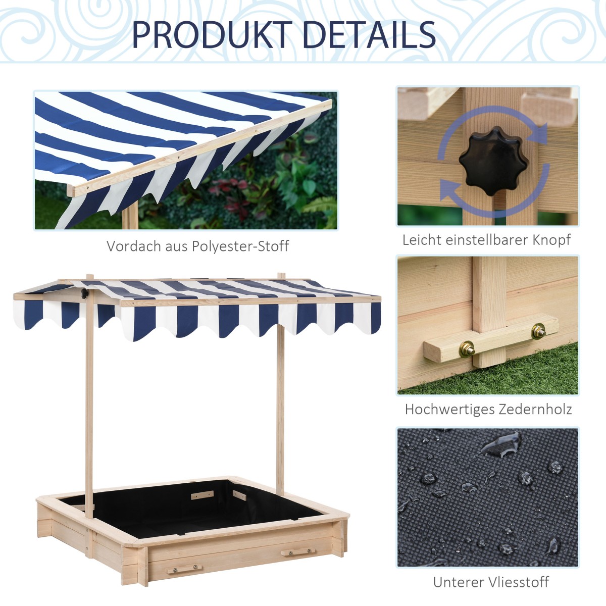 Sandpit 106x106 cm παιδικό sandbox από ξύλο με ρυθμιζόμενο ύψος πάγκους κάλυψης πλάτες μπλε