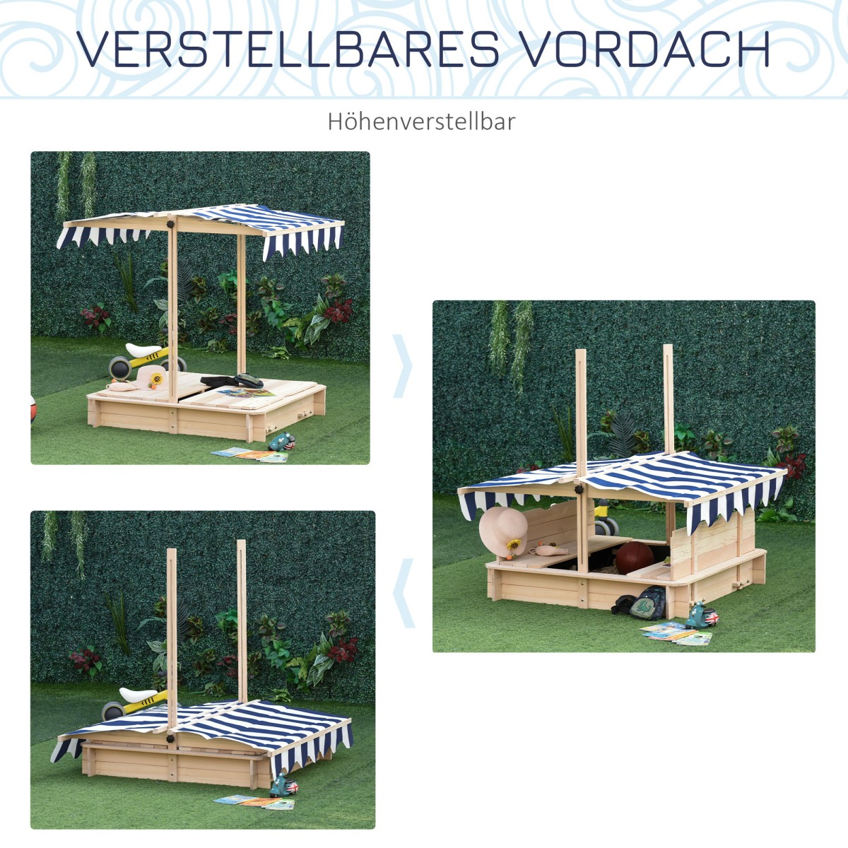 Sandpit 106x106 cm παιδικό sandbox από ξύλο με ρυθμιζόμενο ύψος πάγκους κάλυψης πλάτες μπλε