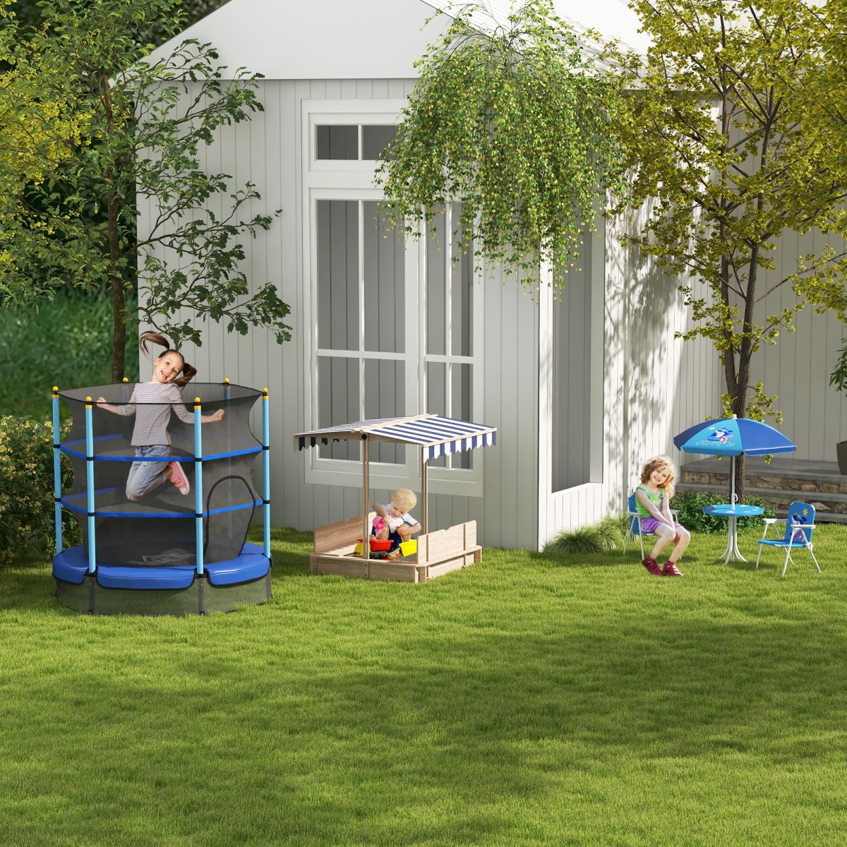 Sandpit 106x106 cm παιδικό sandbox από ξύλο με ρυθμιζόμενο ύψος πάγκους κάλυψης πλάτες μπλε