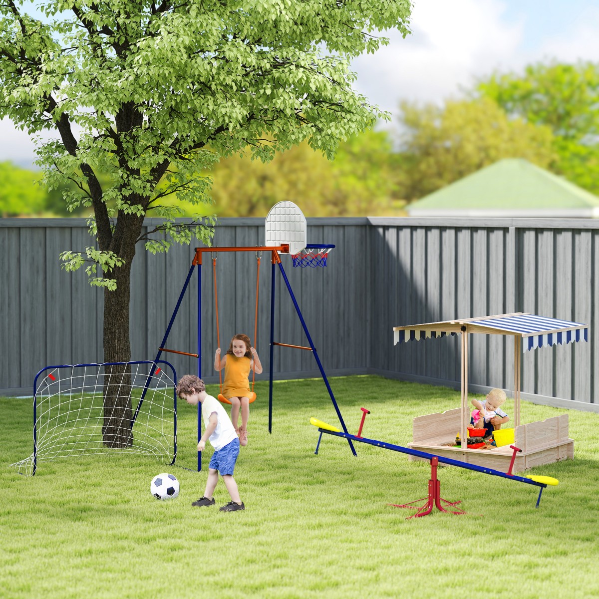 Sandpit 106x106 cm παιδικό sandbox από ξύλο με ρυθμιζόμενο ύψος πάγκους κάλυψης πλάτες μπλε
