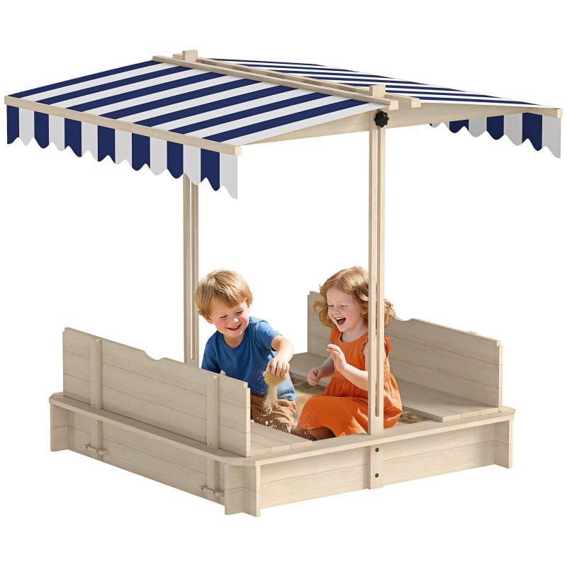 Sandpit 106x106 cm παιδικό sandbox με κάλυμμα ρυθμιζόμενο σε ύψος, σκάμμα από ξύλο με παγκάκια, πλάτες για εξωτερικό κήπο, βεράντα, μπαλκόνι