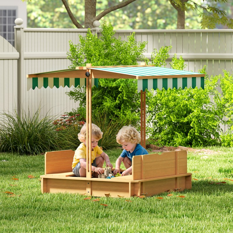 Sandpit 106x106 cm παιδικό sandbox από ξύλο με κάλυμμα ρυθμιζόμενο σε ύψος, παγκάκια, πλάτες, ανοιχτό καφέ