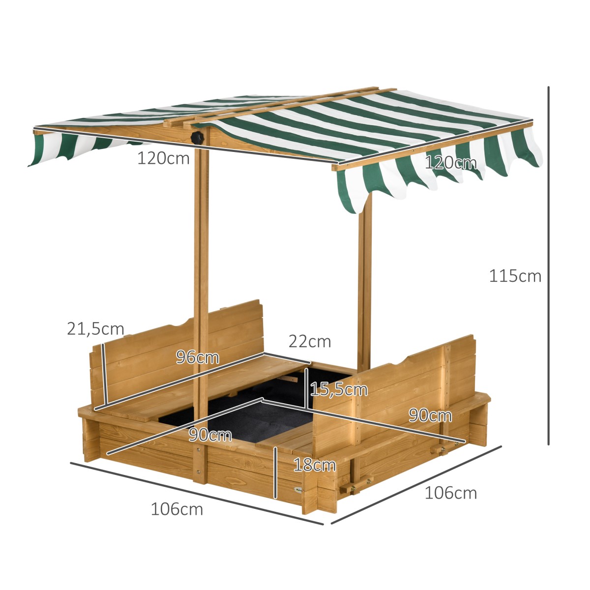Sandpit 106x106 cm παιδικό sandbox από ξύλο με κάλυμμα ρυθμιζόμενο σε ύψος, παγκάκια, πλάτες, ανοιχτό καφέ