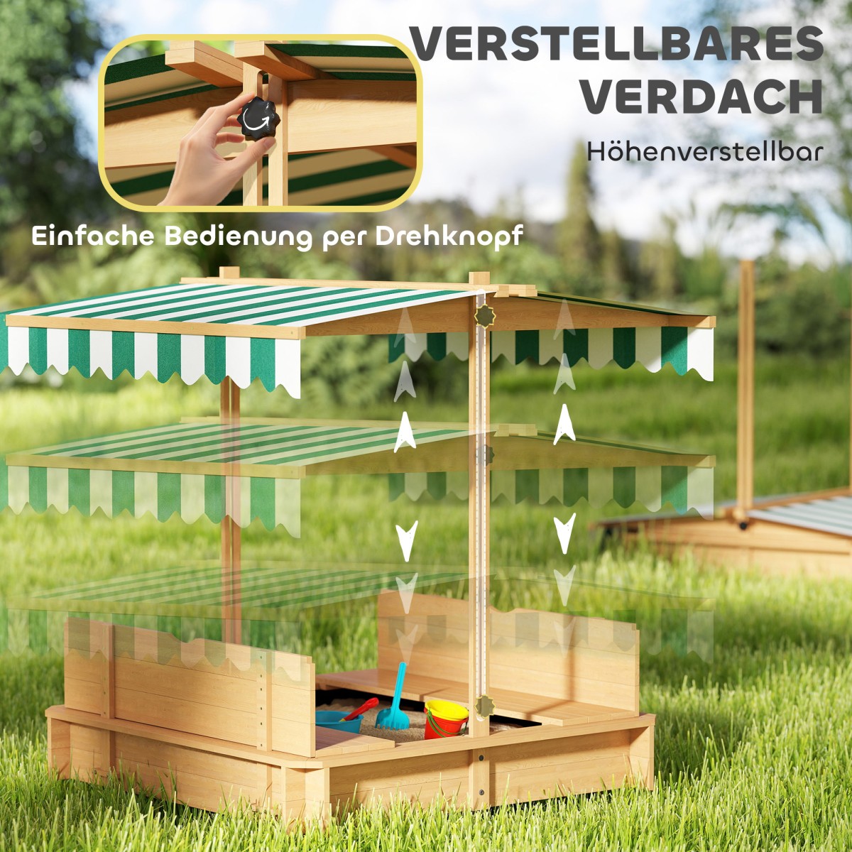 Sandpit 106x106 cm παιδικό sandbox από ξύλο με κάλυμμα ρυθμιζόμενο σε ύψος, παγκάκια, πλάτες, ανοιχτό καφέ