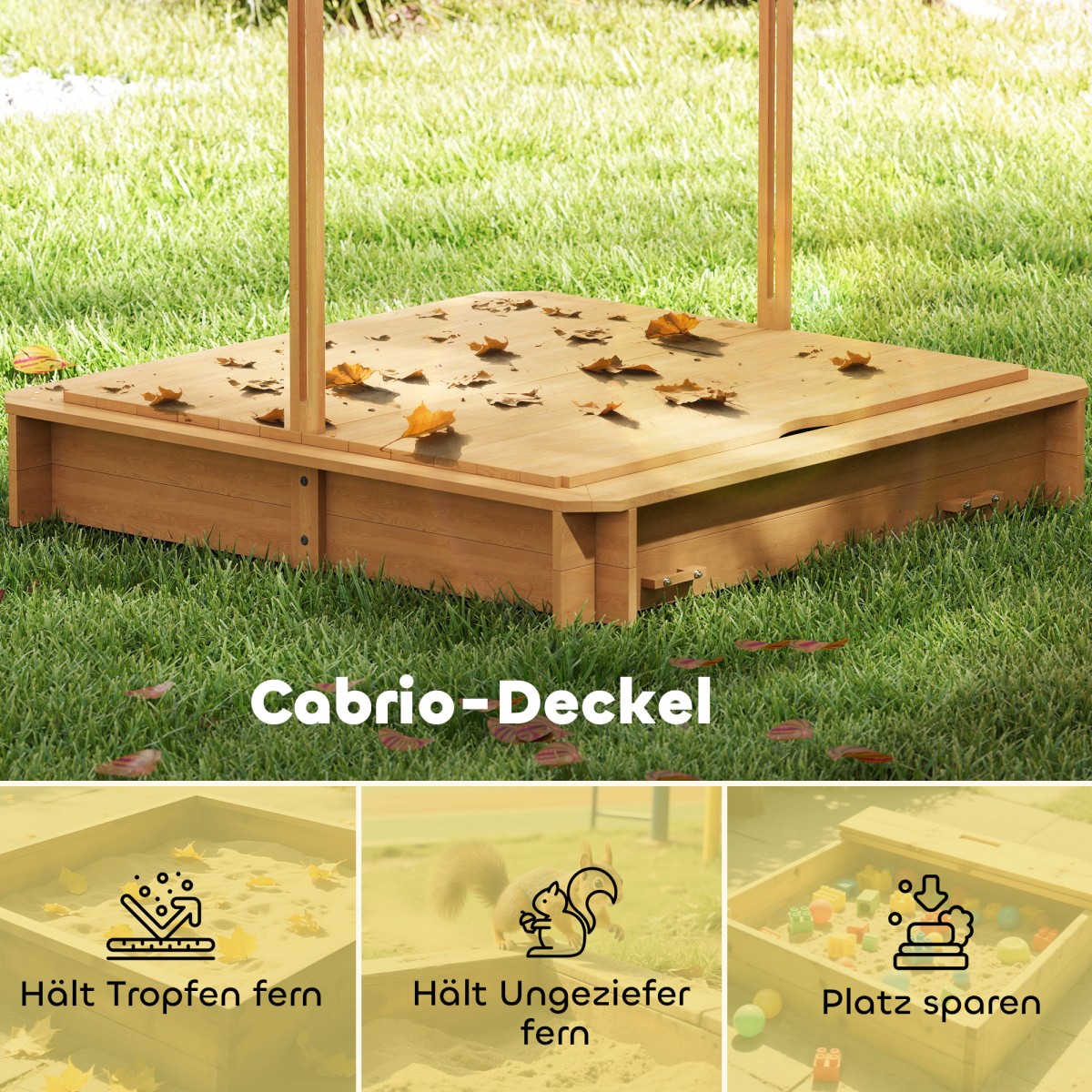 Sandpit 106x106 cm παιδικό sandbox από ξύλο με κάλυμμα ρυθμιζόμενο σε ύψος, παγκάκια, πλάτες, ανοιχτό καφέ