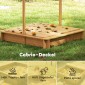 Sandpit 106x106 cm παιδικό sandbox από ξύλο με κάλυμμα ρυθμιζόμενο σε ύψος, παγκάκια, πλάτες, ανοιχτό καφέ