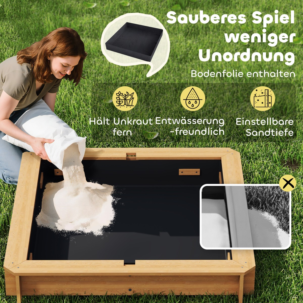 Sandpit 106x106 cm παιδικό sandbox από ξύλο με κάλυμμα ρυθμιζόμενο σε ύψος, παγκάκια, πλάτες, ανοιχτό καφέ