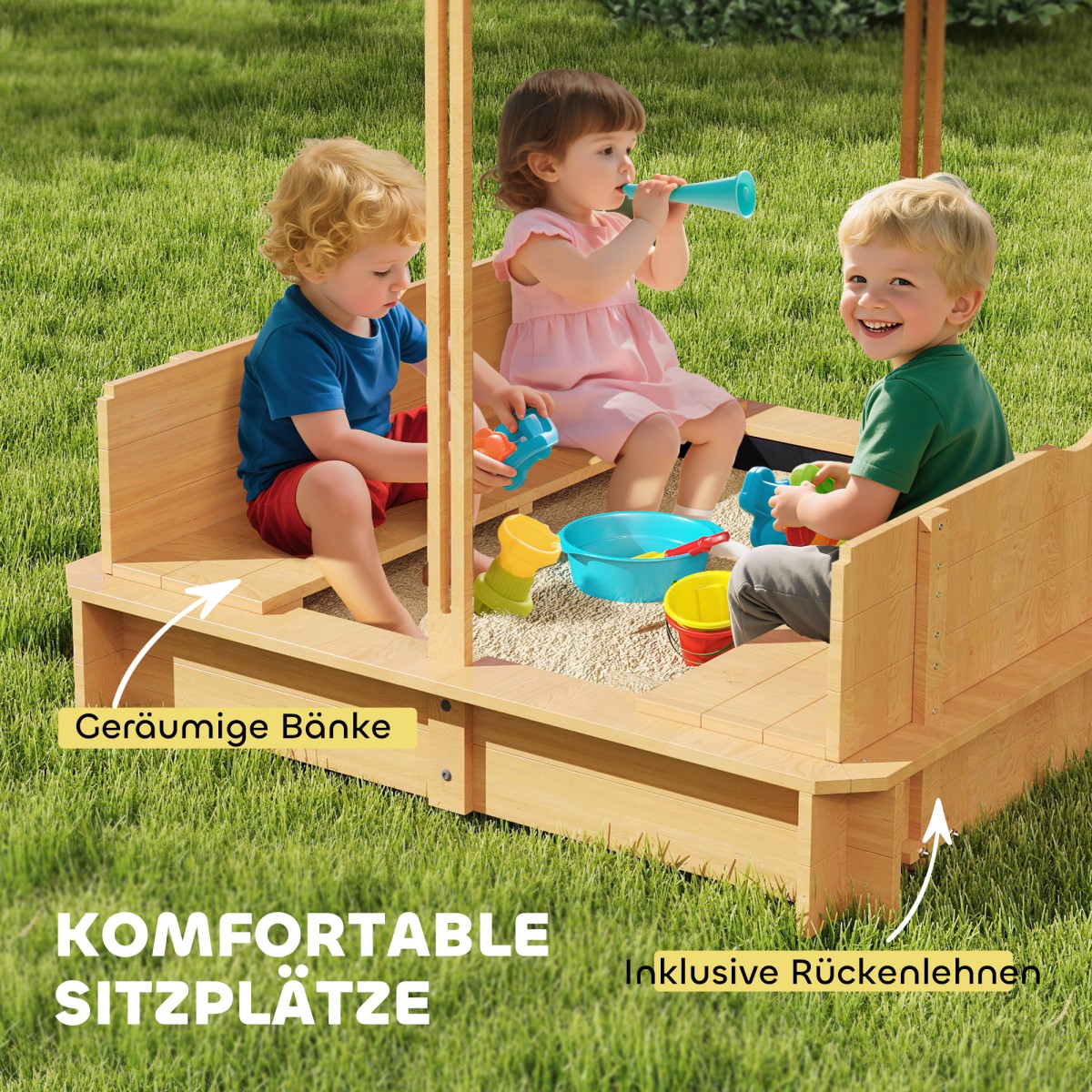 Sandpit 106x106 cm παιδικό sandbox από ξύλο με κάλυμμα ρυθμιζόμενο σε ύψος, παγκάκια, πλάτες, ανοιχτό καφέ