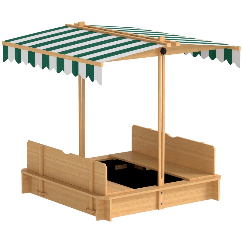 Sandpit 106x106 cm παιδικό sandbox από ξύλο με κάλυμμα ρυθμιζόμενο σε ύψος, παγκάκια, πλάτες, ανοιχτό καφέ