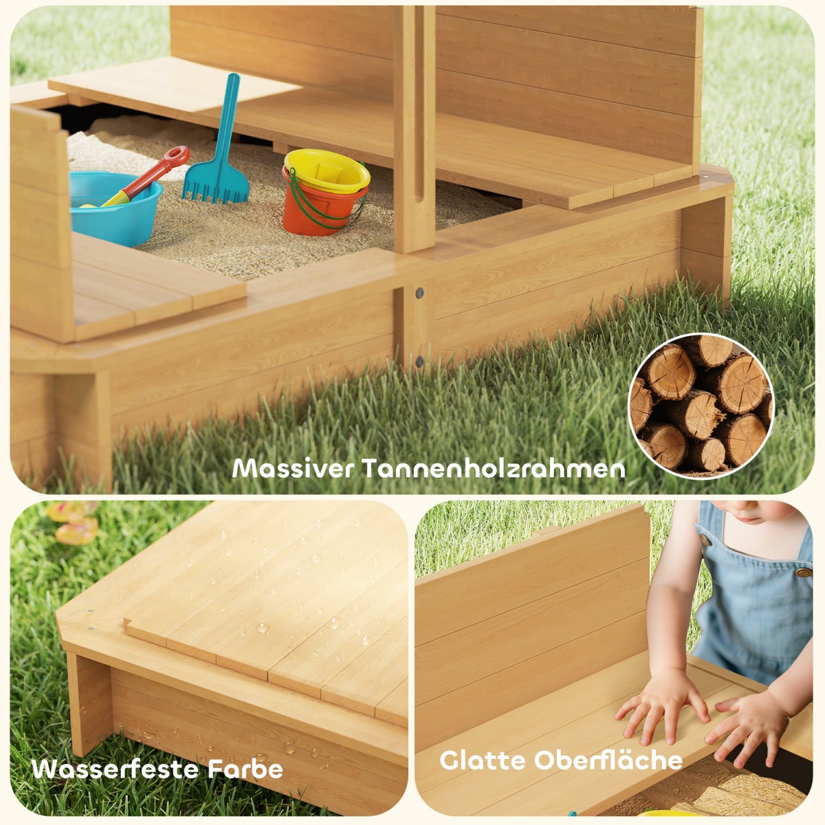 Sandpit 106x106 cm παιδικό sandbox από ξύλο με κάλυμμα ρυθμιζόμενο σε ύψος, παγκάκια, πλάτες, ανοιχτό καφέ