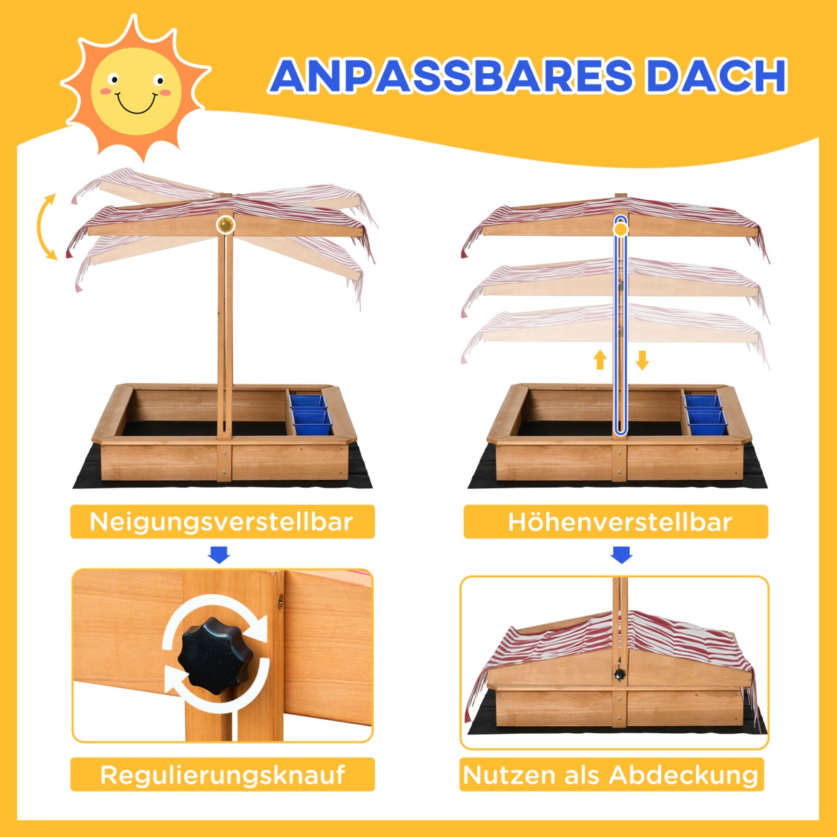 Sandpit 107,5 x 107,5 cm παιδικό sandbox με ρυθμιζόμενο ύψος, ξύλινο σκάμμα για παιδιά 3-7 ετών για εξωτερική βεράντα κήπου μπαλκόνι