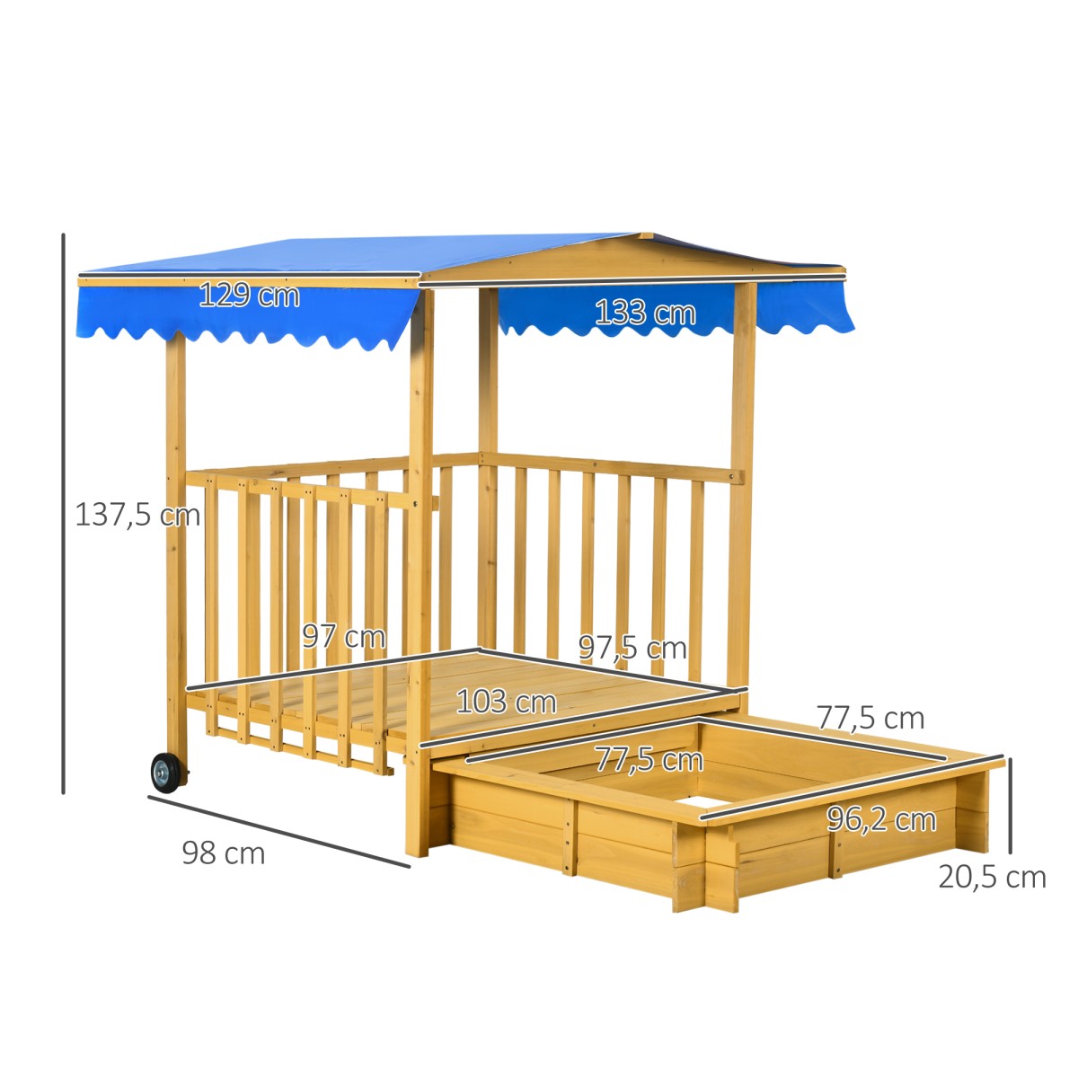 Σκάμμα με σκάμμα παιδότοπου με οροφή, 133 x 129 x 137,5 cm, φυσικό + μπλε