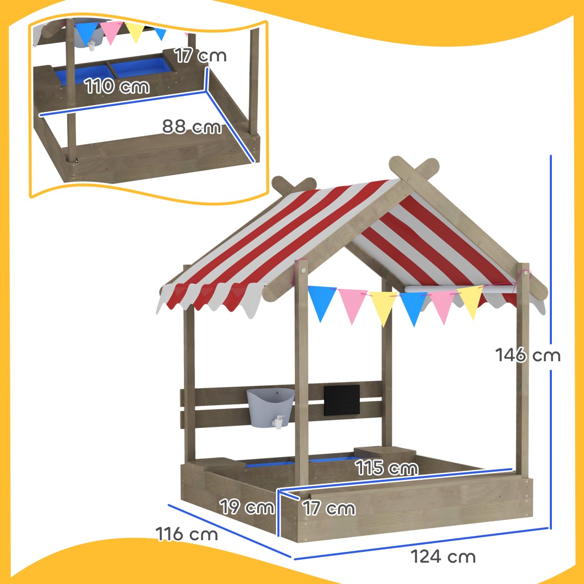 Sandpit with Sun Shade Playhouse Design with Toy Set Treated Solid Wood 124 x 116 x 146 cm Γκρι