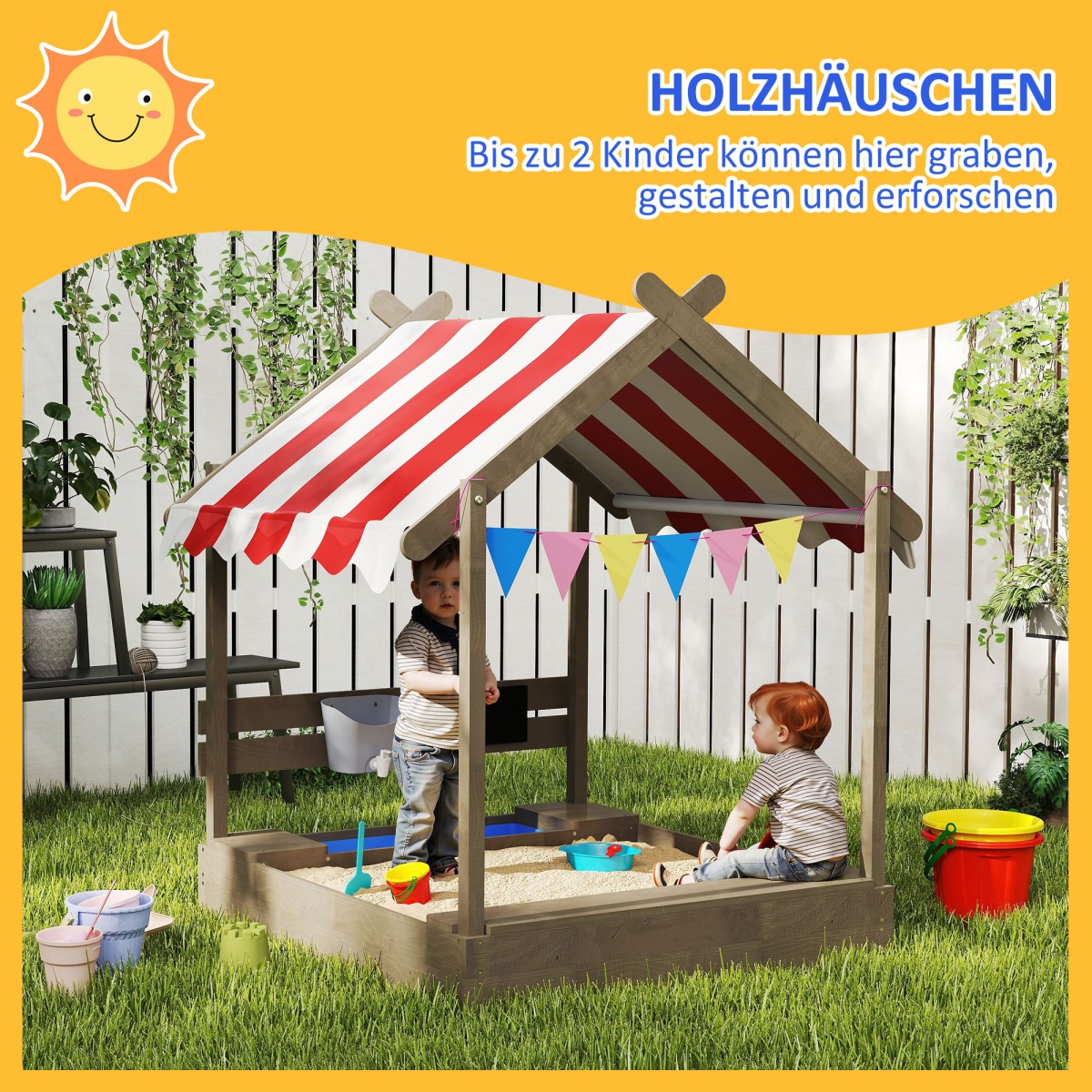 Sandpit with Sun Shade Playhouse Design with Toy Set Treated Solid Wood 124 x 116 x 146 cm Γκρι