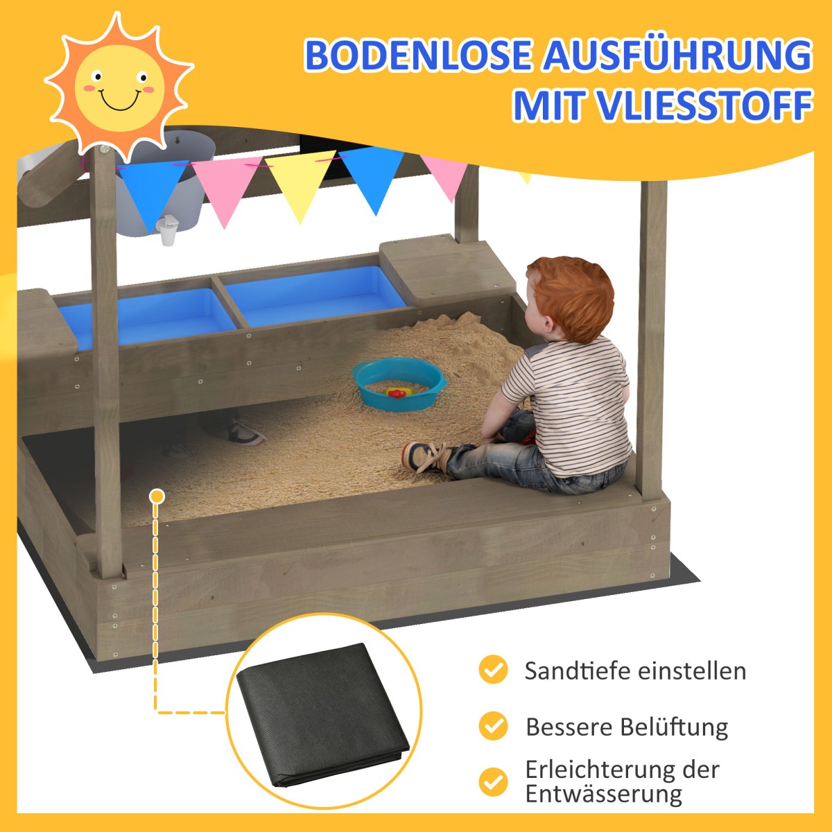 Sandpit with Sun Shade Playhouse Design with Toy Set Treated Solid Wood 124 x 116 x 146 cm Γκρι