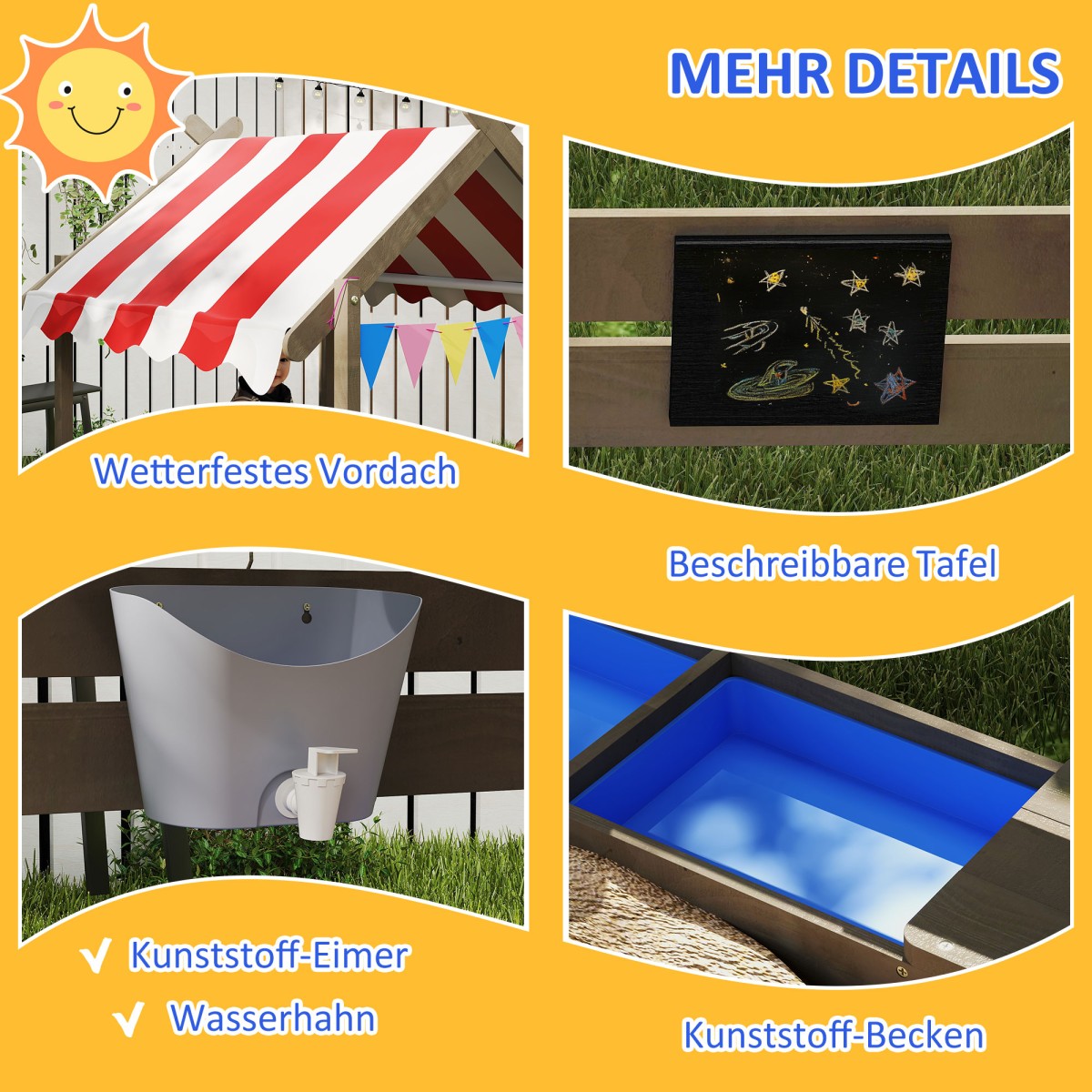 Sandpit with Sun Shade Playhouse Design with Toy Set Treated Solid Wood 124 x 116 x 146 cm Γκρι
