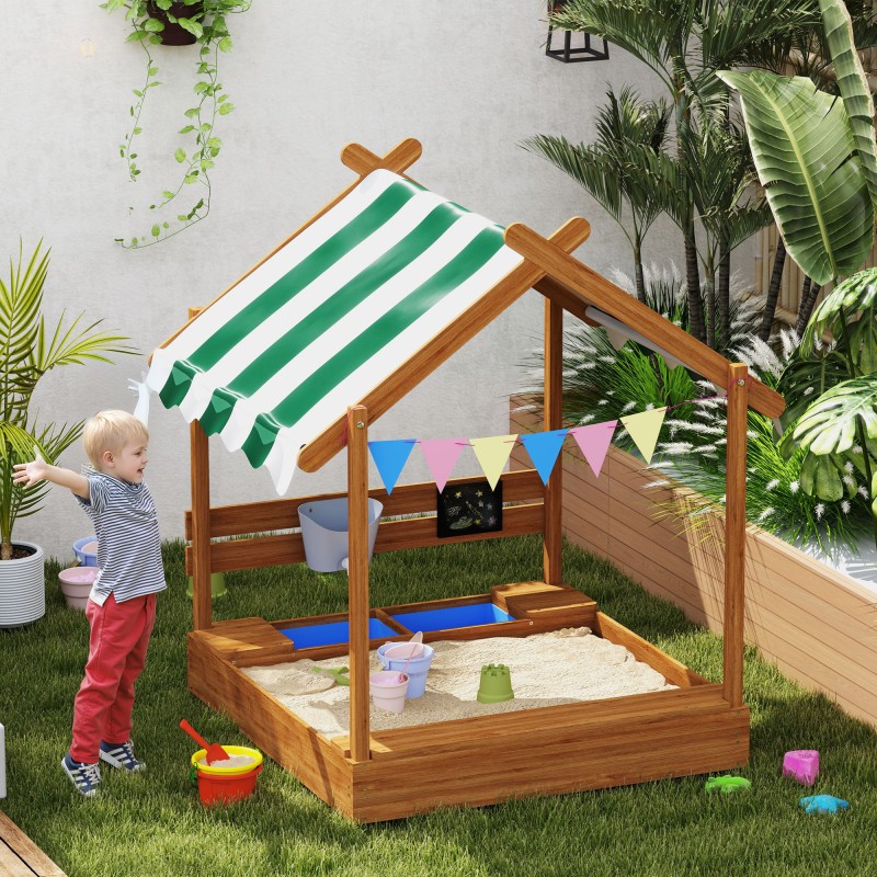Sandpit with Sun Shade, Playhouse Design, with Toy Set, Επεξεργασμένο Μασίφ Ξύλο, 124 x 116 x 146 cm, Πράσινο