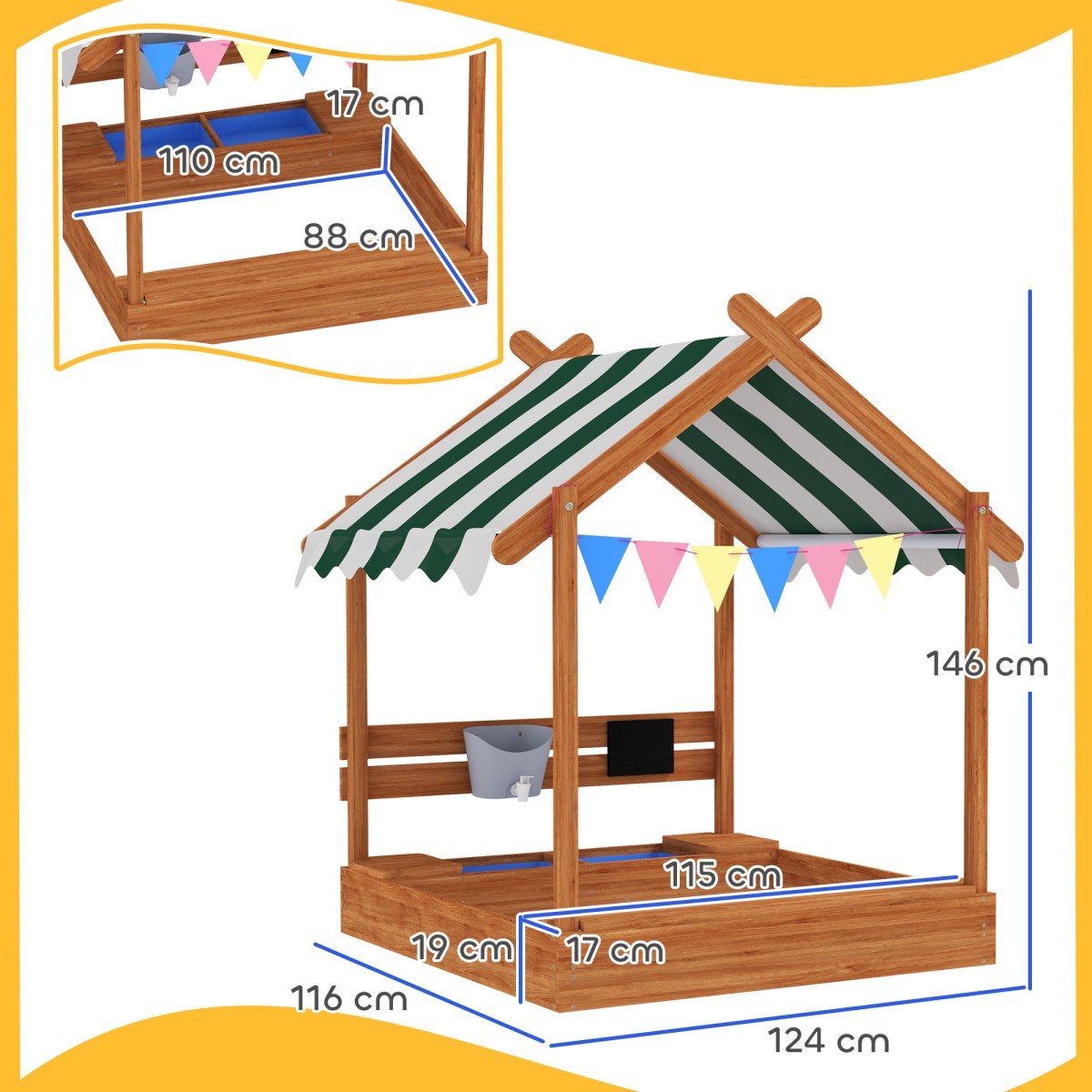 Sandpit with Sun Shade, Playhouse Design, with Toy Set, Επεξεργασμένο Μασίφ Ξύλο, 124 x 116 x 146 cm, Πράσινο