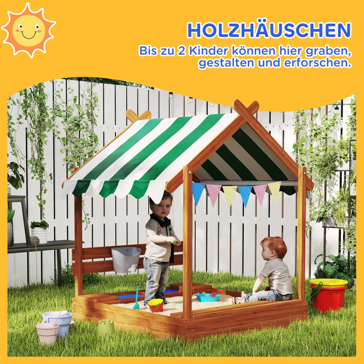 Sandpit with Sun Shade, Playhouse Design, with Toy Set, Επεξεργασμένο Μασίφ Ξύλο, 124 x 116 x 146 cm, Πράσινο
