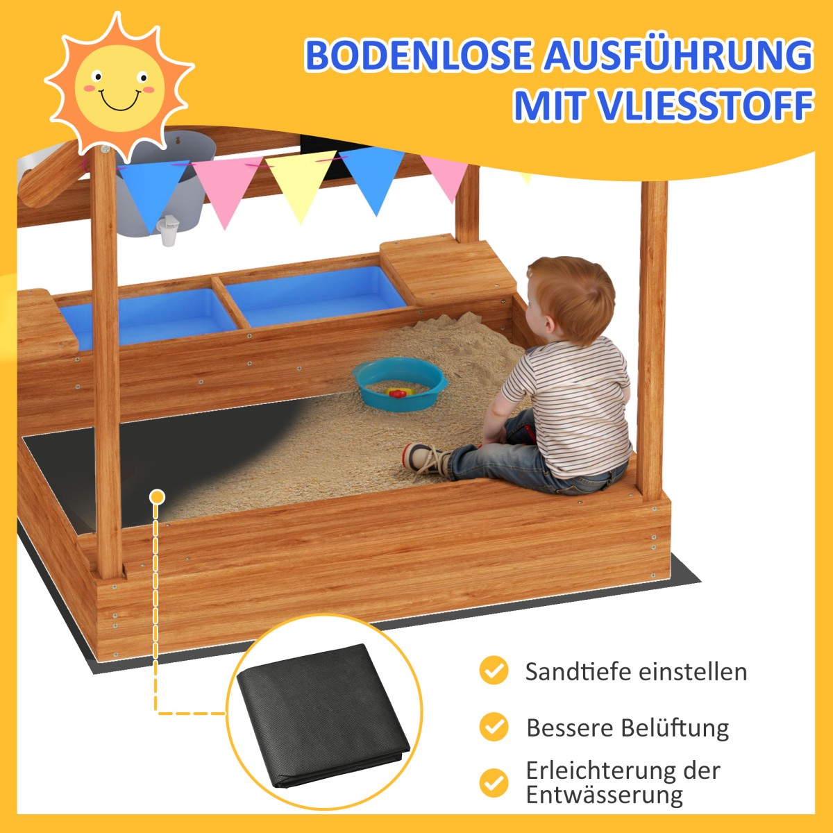 Sandpit with Sun Shade, Playhouse Design, with Toy Set, Επεξεργασμένο Μασίφ Ξύλο, 124 x 116 x 146 cm, Πράσινο
