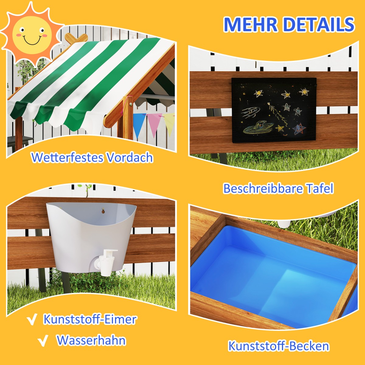 Sandpit with Sun Shade, Playhouse Design, with Toy Set, Επεξεργασμένο Μασίφ Ξύλο, 124 x 116 x 146 cm, Πράσινο