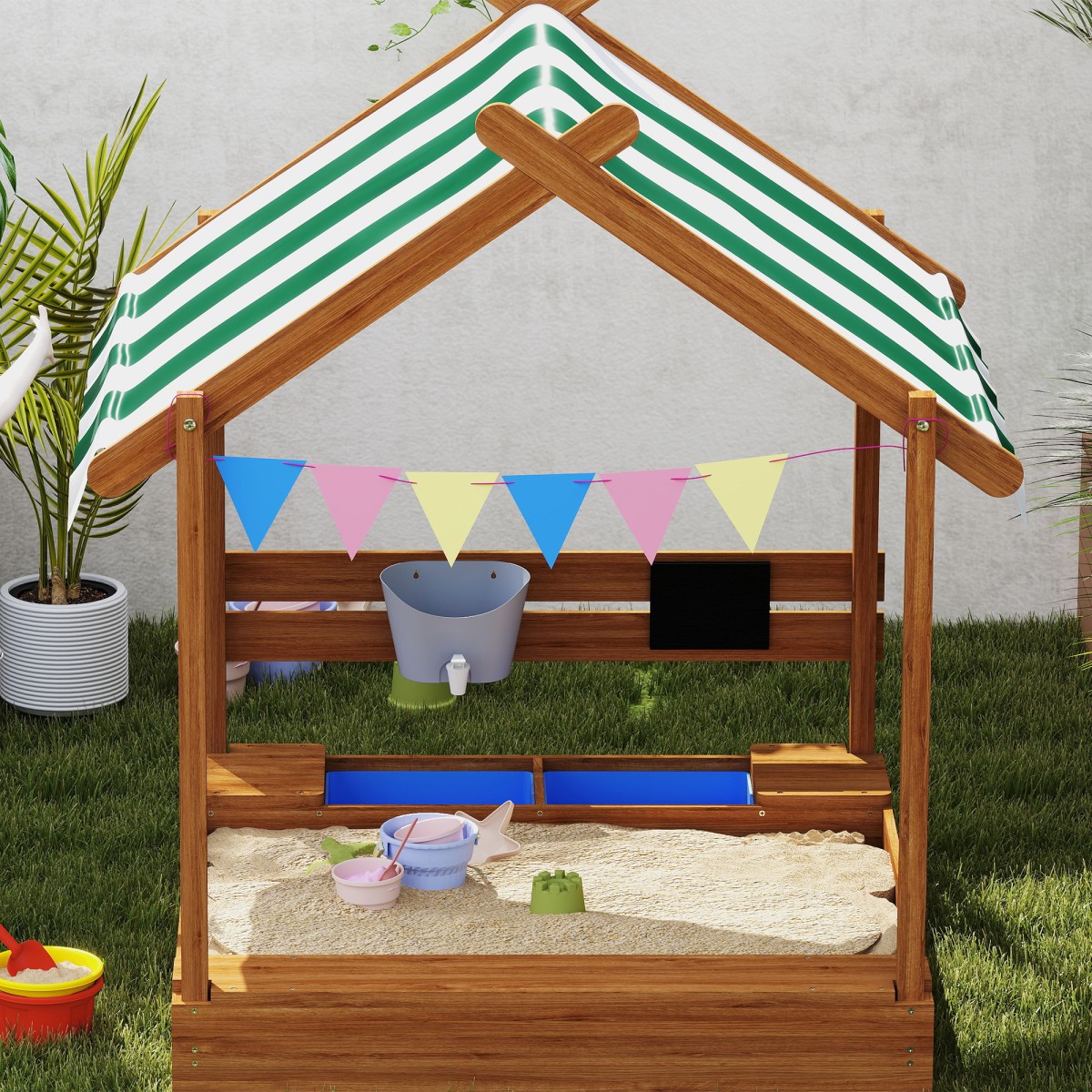 Sandpit with Sun Shade, Playhouse Design, with Toy Set, Επεξεργασμένο Μασίφ Ξύλο, 124 x 116 x 146 cm, Πράσινο