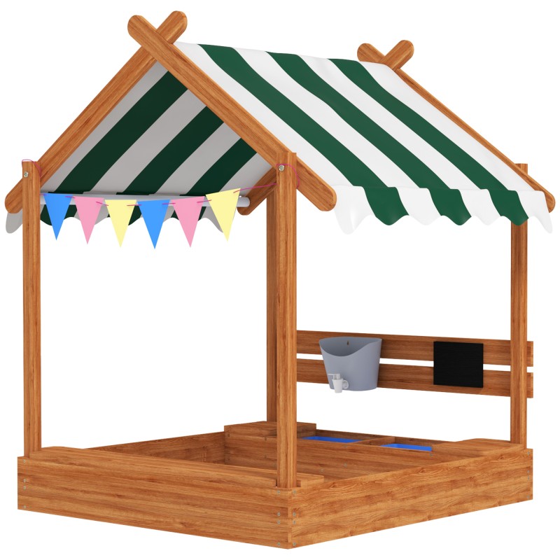 Sandpit with Sun Shade, Playhouse Design, with Toy Set, Επεξεργασμένο Μασίφ Ξύλο, 124 x 116 x 146 cm, Πράσινο