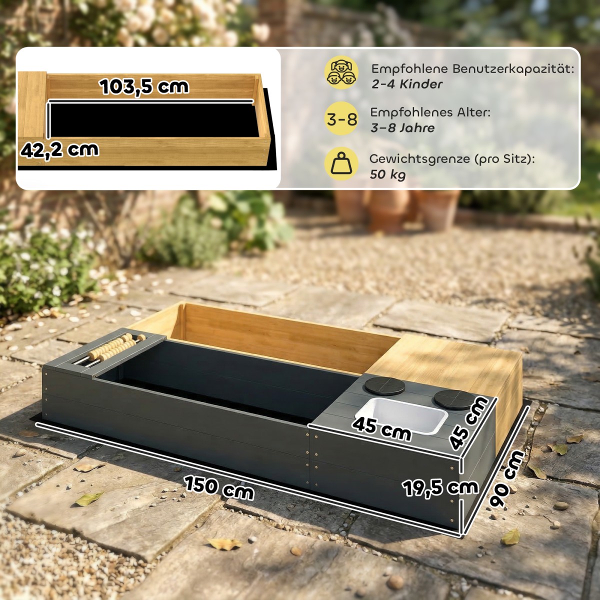Σκάμμα 2 τμημάτων 150x90cm ξύλινο σκάμμα με χώρο αποθήκευσης πάγκου σόμπα αφαιρούμενος νεροχύτης χάντρες άβακας κίτρινο