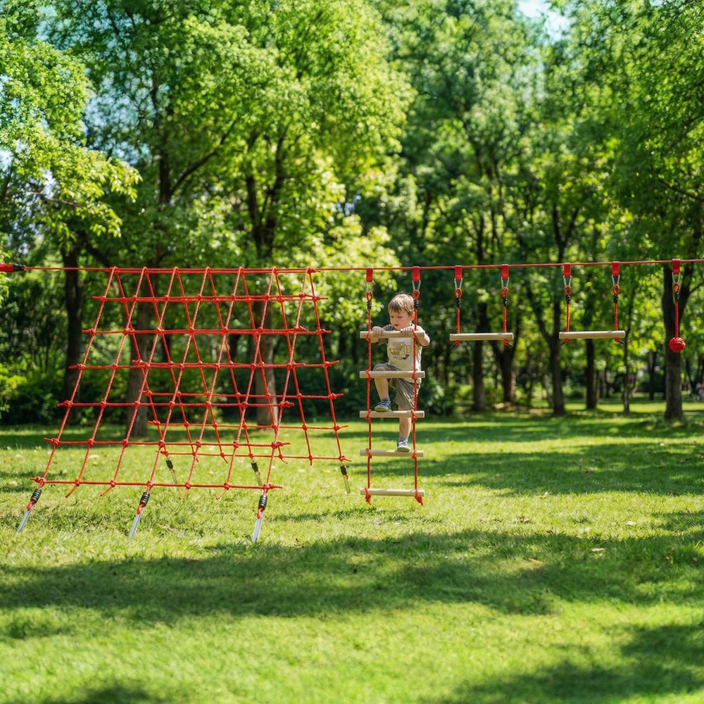 Ninja Line Παιδικό Σετ Slackline 10m με Δαχτυλίδι Γυμναστικής Κούνια Αναρρίχησης Σκάλα Δίχτυ αναρρίχησης για 3-6 ετών 1000x300x180 cm Κόκκινο