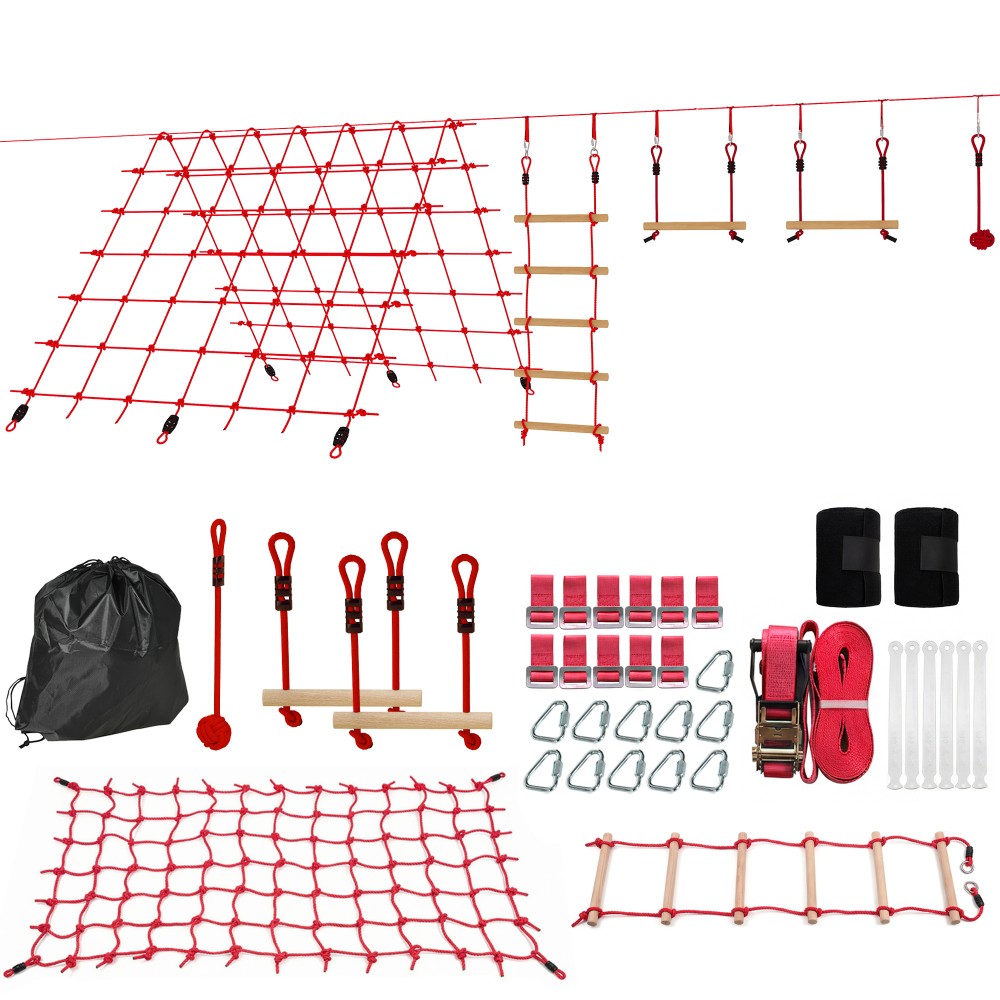 Ninja Line Παιδικό Σετ Slackline 10m με Δαχτυλίδι Γυμναστικής Κούνια Αναρρίχησης Σκάλα Δίχτυ αναρρίχησης για 3-6 ετών 1000x300x180 cm Κόκκινο