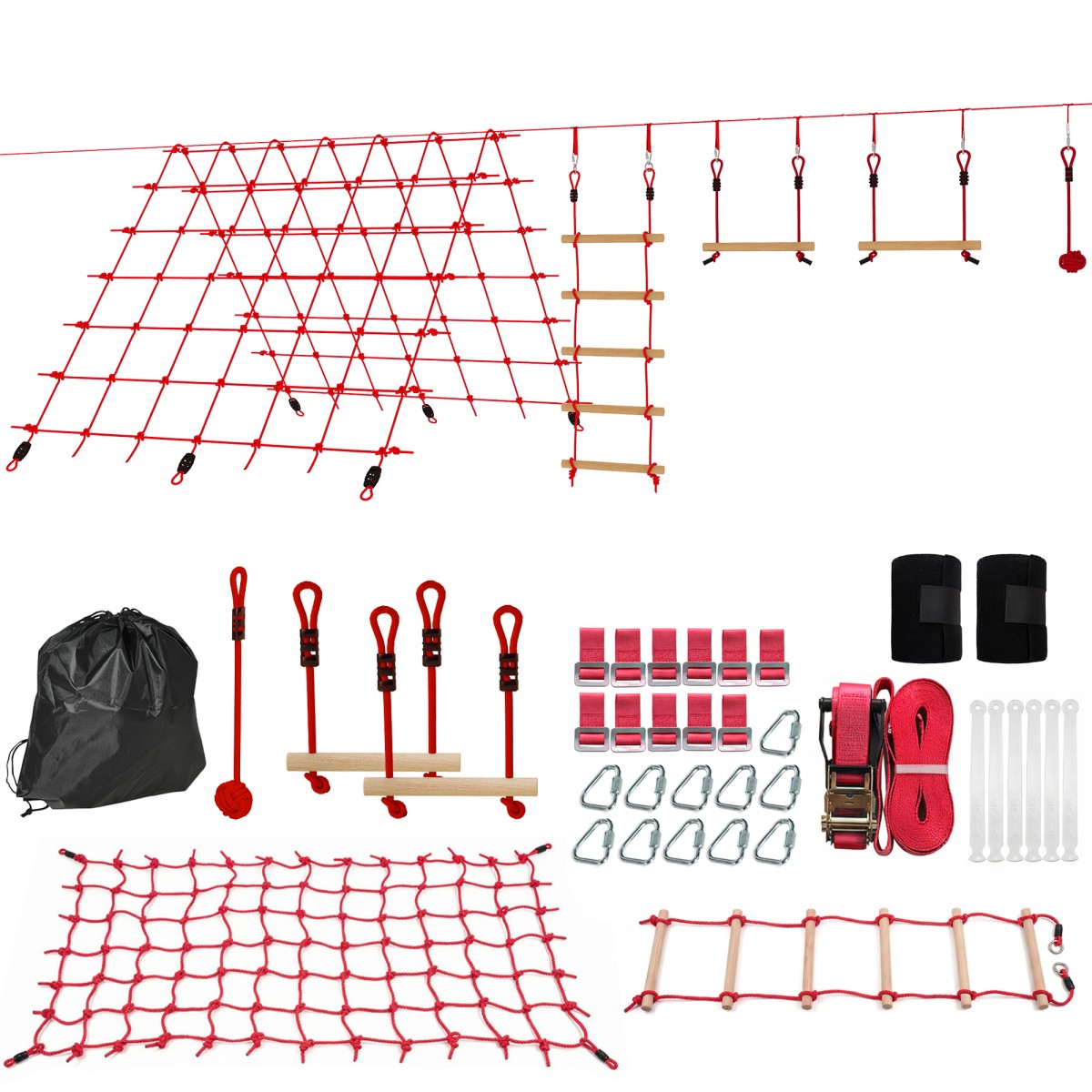 Ninja Line Παιδικό Σετ Slackline 10m με Δαχτυλίδι Γυμναστικής Κούνια Αναρρίχησης Σκάλα Δίχτυ αναρρίχησης για 3-6 ετών 1000x300x180 cm Κόκκινο