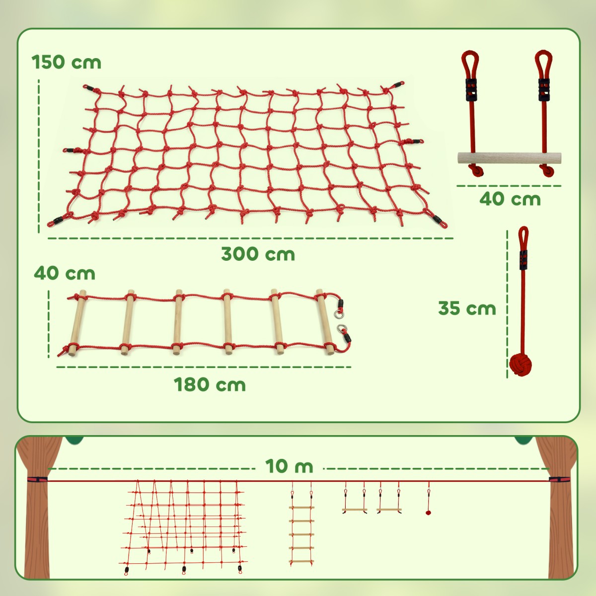 Ninja Line Παιδικό Σετ Slackline 10m με Δαχτυλίδι Γυμναστικής Κούνια Αναρρίχησης Σκάλα Δίχτυ αναρρίχησης για 3-6 ετών 1000x300x180 cm Κόκκινο
