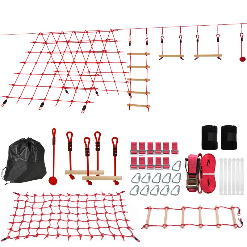 Ninja Line Παιδικό Σετ Slackline 10m με Δαχτυλίδι Γυμναστικής Κούνια Αναρρίχησης Σκάλα Δίχτυ αναρρίχησης για 3-6 ετών 1000x300x180 cm Κόκκινο
