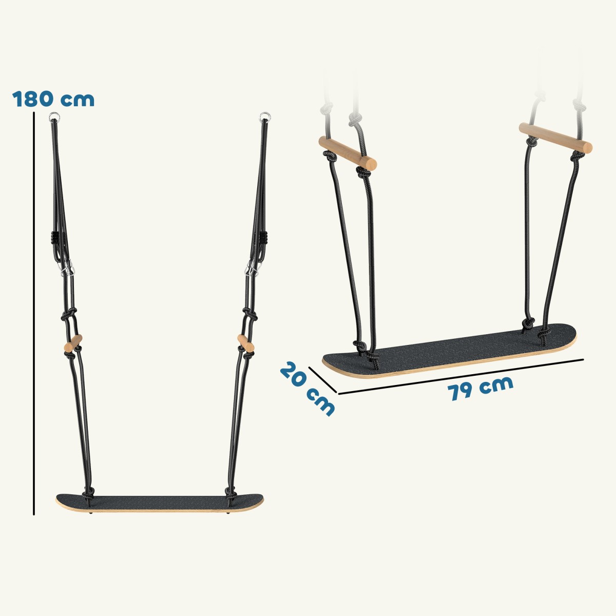 Παιδική κούνια skateboard με ρυθμιζόμενο ύψος, αντιολισθητική σανίδα, αδιάβροχο σχοινί, μαύρα χερούλια