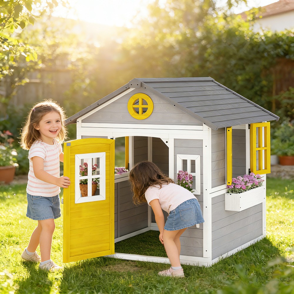 Playhouse Αδιάβροχο παιδικό παιδότοπο από ξύλο με πόρτα 6 παράθυρα 2 κουτιά λουλουδιών 2 λουλουδιών για 3-8 χρόνια γκρι
