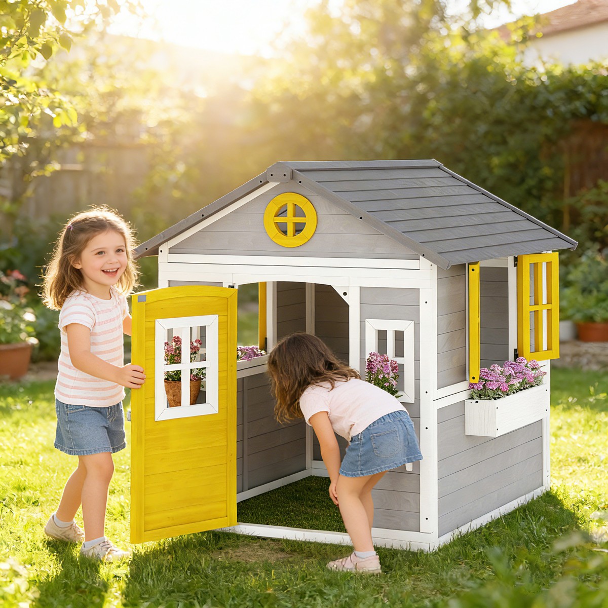 Playhouse Αδιάβροχο παιδικό παιδότοπο από ξύλο με πόρτα 6 παράθυρα 2 κουτιά λουλουδιών 2 λουλουδιών για 3-8 χρόνια γκρι
