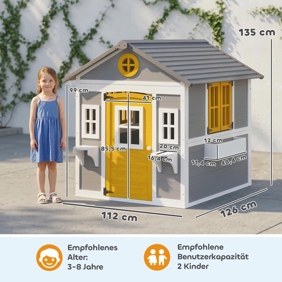 Playhouse Αδιάβροχο παιδικό παιδότοπο από ξύλο με πόρτα 6 παράθυρα 2 κουτιά λουλουδιών 2 λουλουδιών για 3-8 χρόνια γκρι