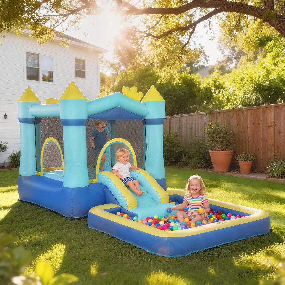Bouncy castle with blower slide ball pit στεφάνι μπάσκετ χωρητικότητα φορτίου έως 90 kg για 3-8 χρόνια 364x173x182cm μπλε