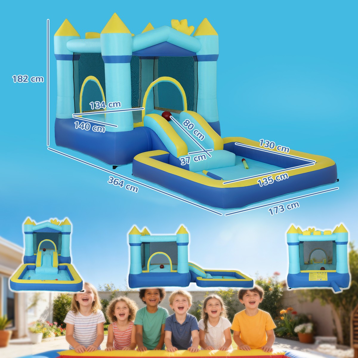 Bouncy castle with blower slide ball pit στεφάνι μπάσκετ χωρητικότητα φορτίου έως 90 kg για 3-8 χρόνια 364x173x182cm μπλε