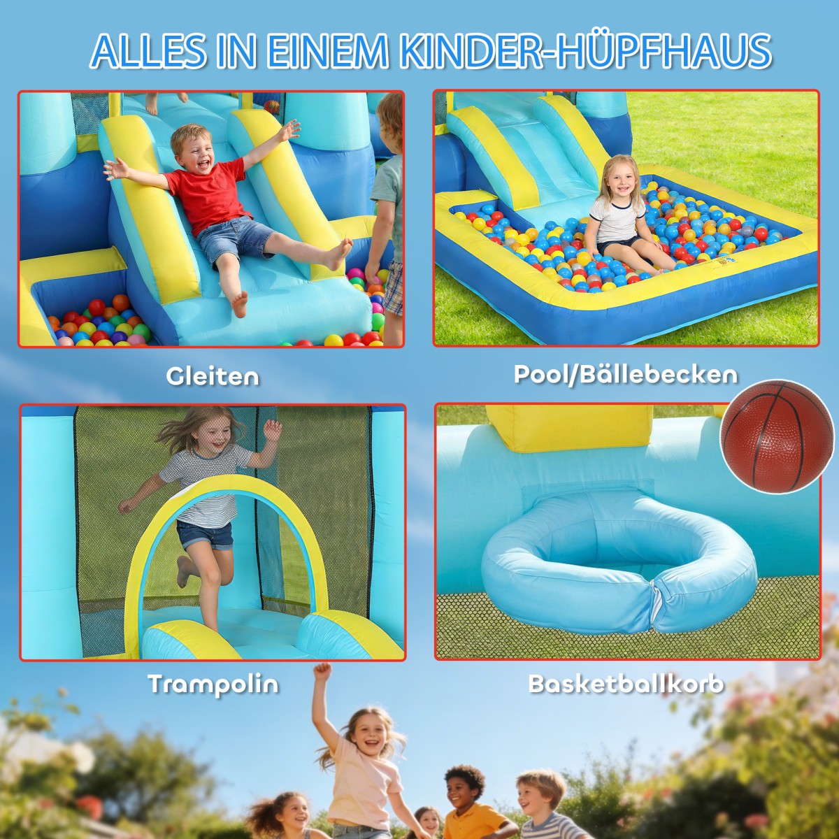 Bouncy castle with blower slide ball pit στεφάνι μπάσκετ χωρητικότητα φορτίου έως 90 kg για 3-8 χρόνια 364x173x182cm μπλε