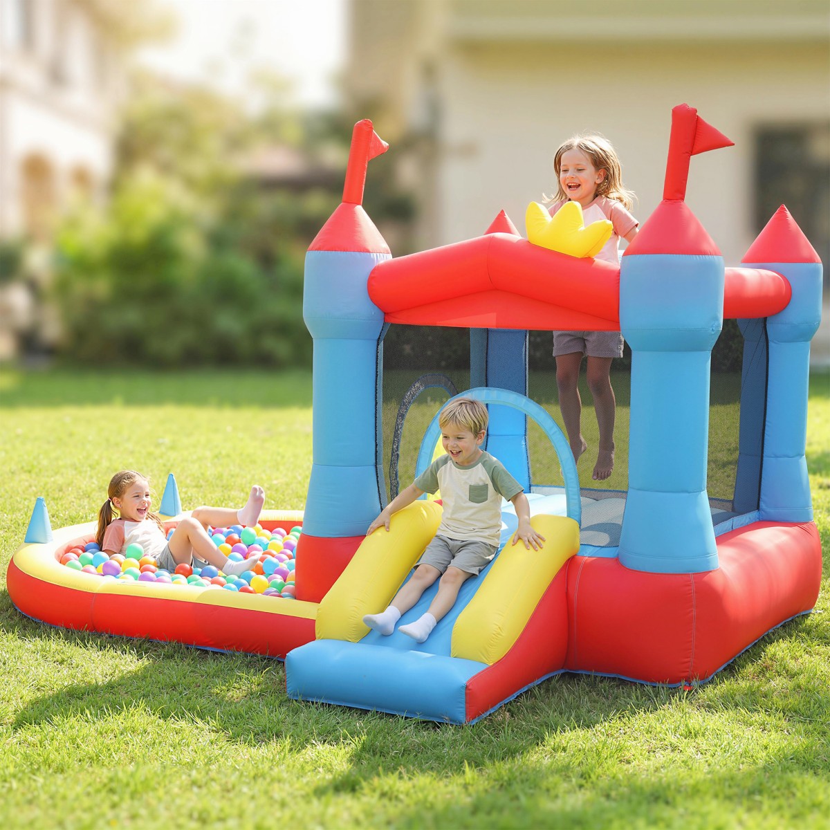Φουσκωτό Bouncy Castle with Blower Slide Trampoline Paddling Pool/Ball Pit Water Gun 342x255x209 cm Μπλε